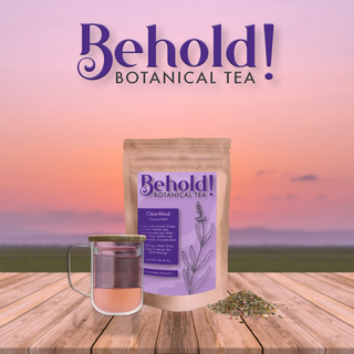 Bag of migraine relief tea next to a glass of tea and organic botanicals
