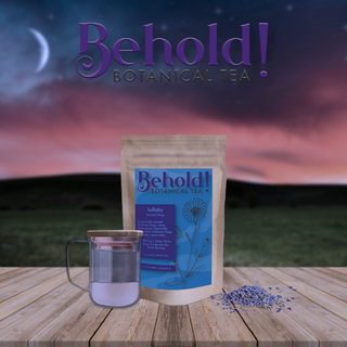 Bag of sleep promoting tea next to a glass of tea and organic botanicals