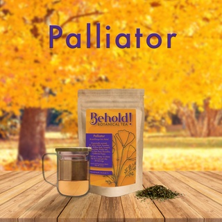 Bag of pain relief tea next to a glass of tea and organic botanicals