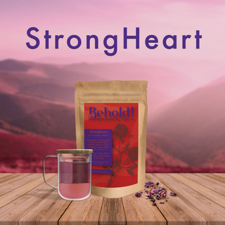 Strong Heart tea blend bag with glass of tea and dried organic botanicals