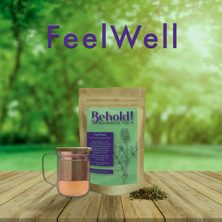 Bag of cold & flu symptom relief tea next to a glass of tea and organic botanicals